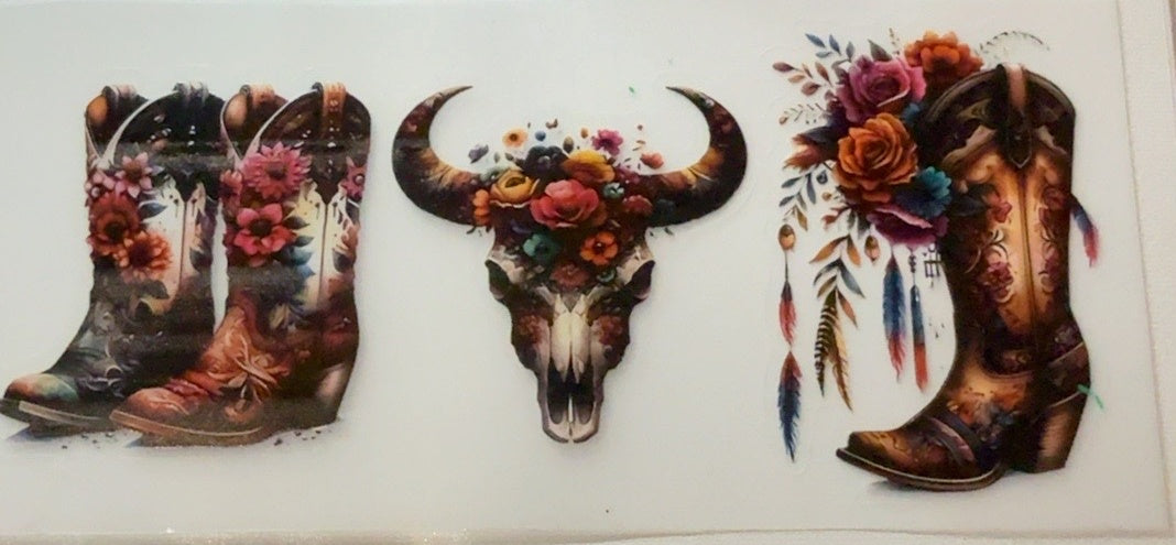 Western floral cowboy boots and cow skull tumbler wrap
