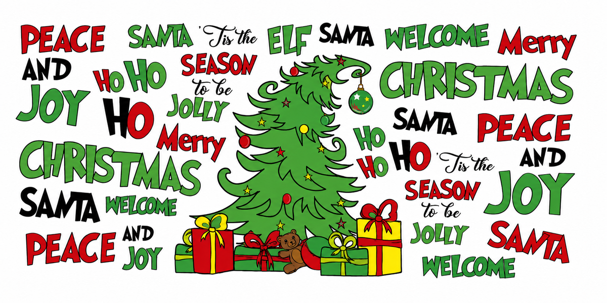Whimsical Christmas word collage and tree tumbler wrap