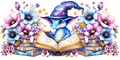 Blue wizard dragon reading among pastel flowers and books fantasy tumbler wrap