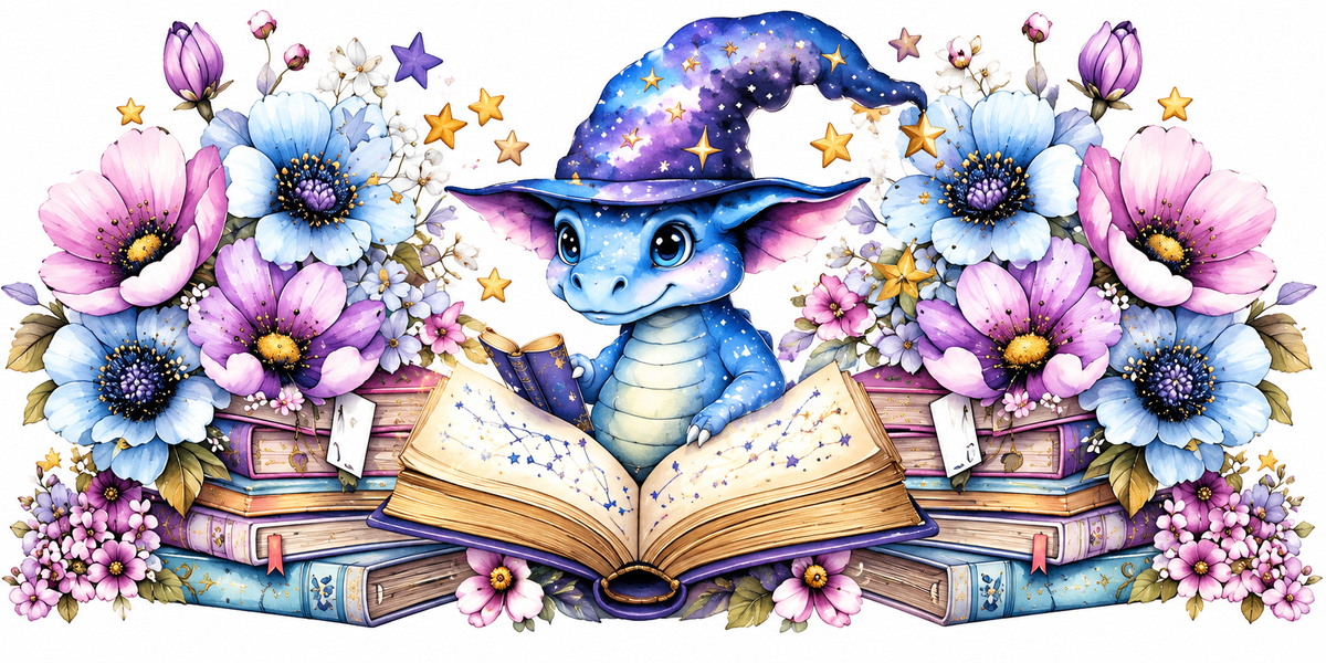 Blue wizard dragon reading among pastel flowers and books fantasy tumbler wrap